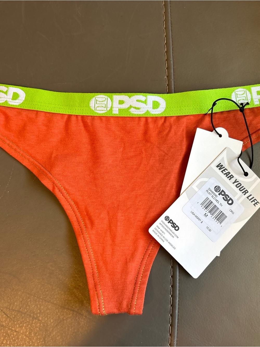 PSD Women’s Thong/String Panties Size M Orange/Green Stretch Logo Waistband
